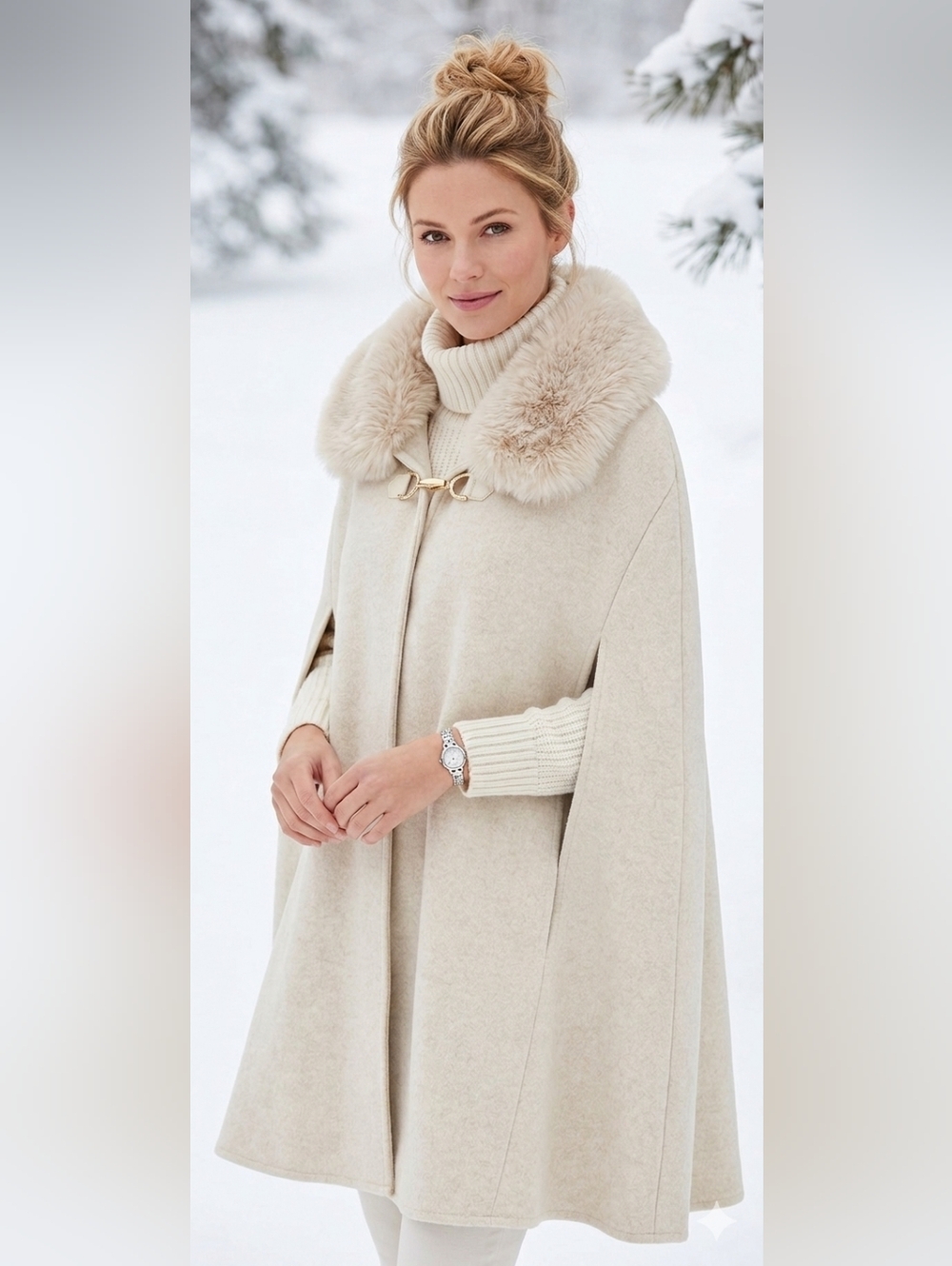 Vince Camuto Oat Cape Coat Faux Fur Collar Poncho Wrap OS Timeless Elegant